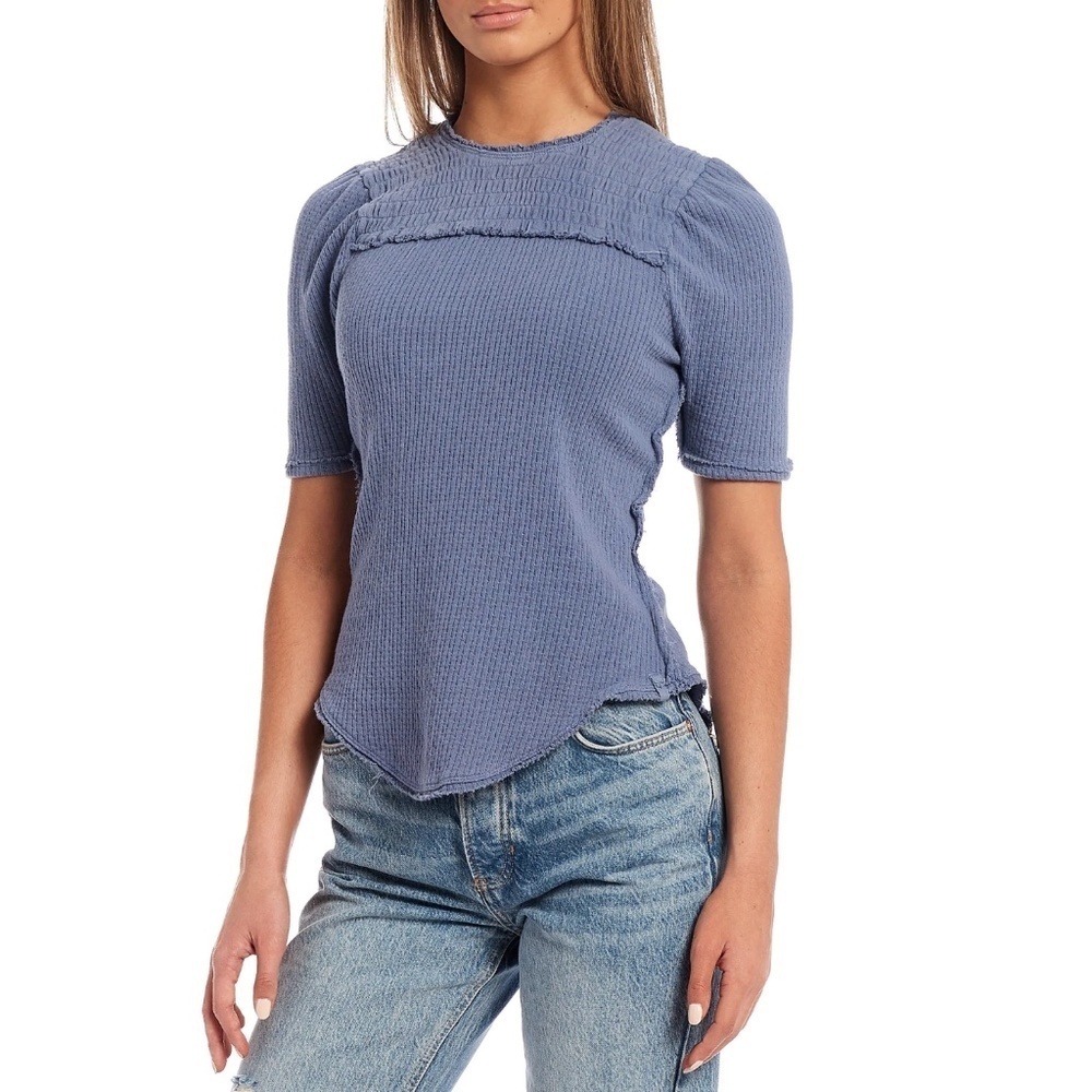 NWT Free People Care Red Delicious Short Sleeve Top in Blue Metal
